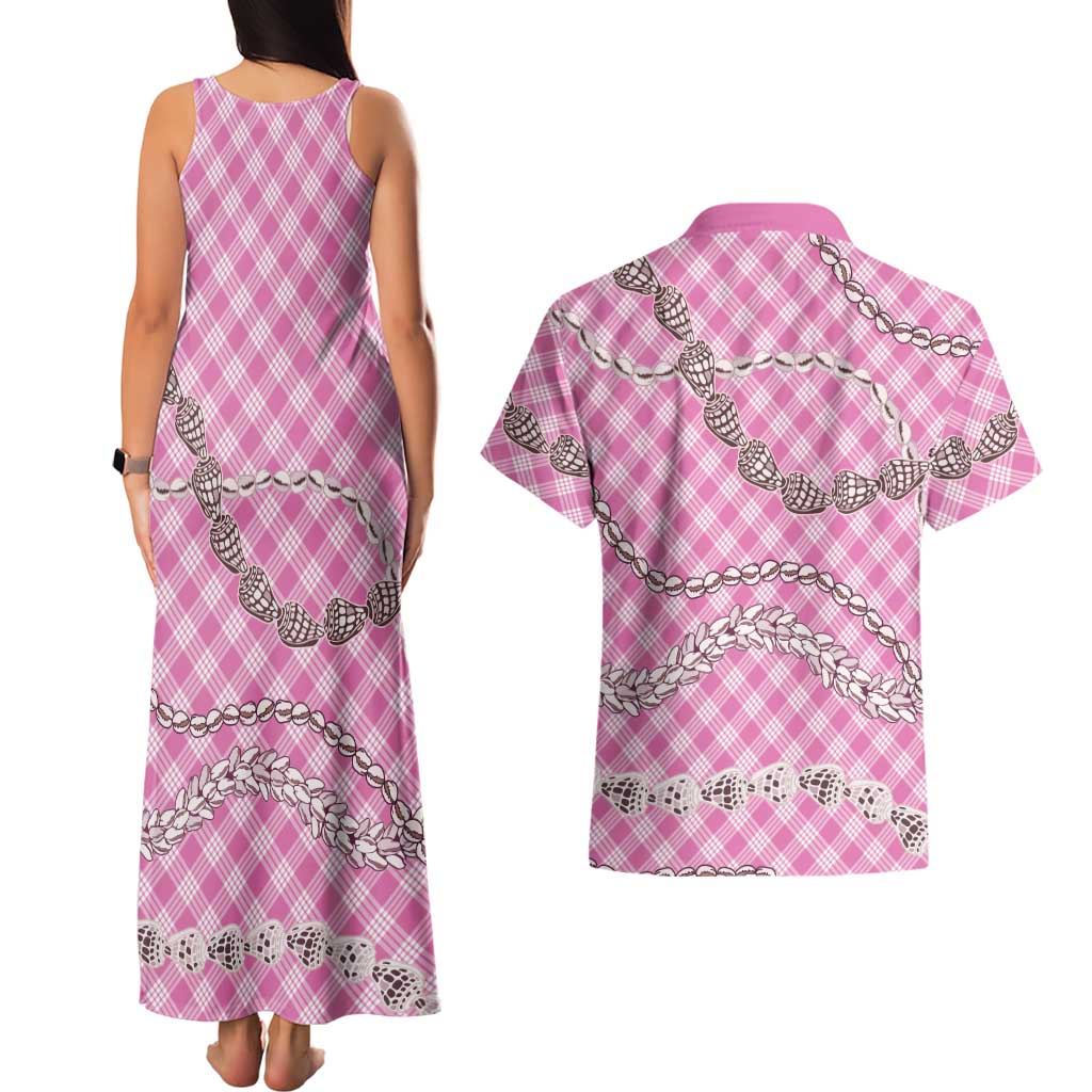 Pink Aloha Hawaii Shell Lei Couples Matching Tank Maxi Dress and Hawaiian Shirt Palaka Hebrew Cone Honey Cowrie Elegant Curves LT14 - Polynesian Pride