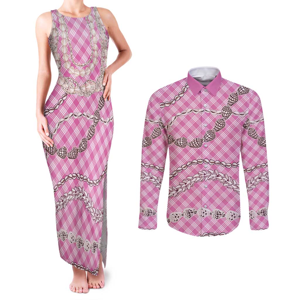Pink Aloha Hawaii Shell Lei Couples Matching Tank Maxi Dress and Long Sleeve Button Shirt Palaka Hebrew Cone Honey Cowrie Elegant Curves LT14 Pink - Polynesian Pride