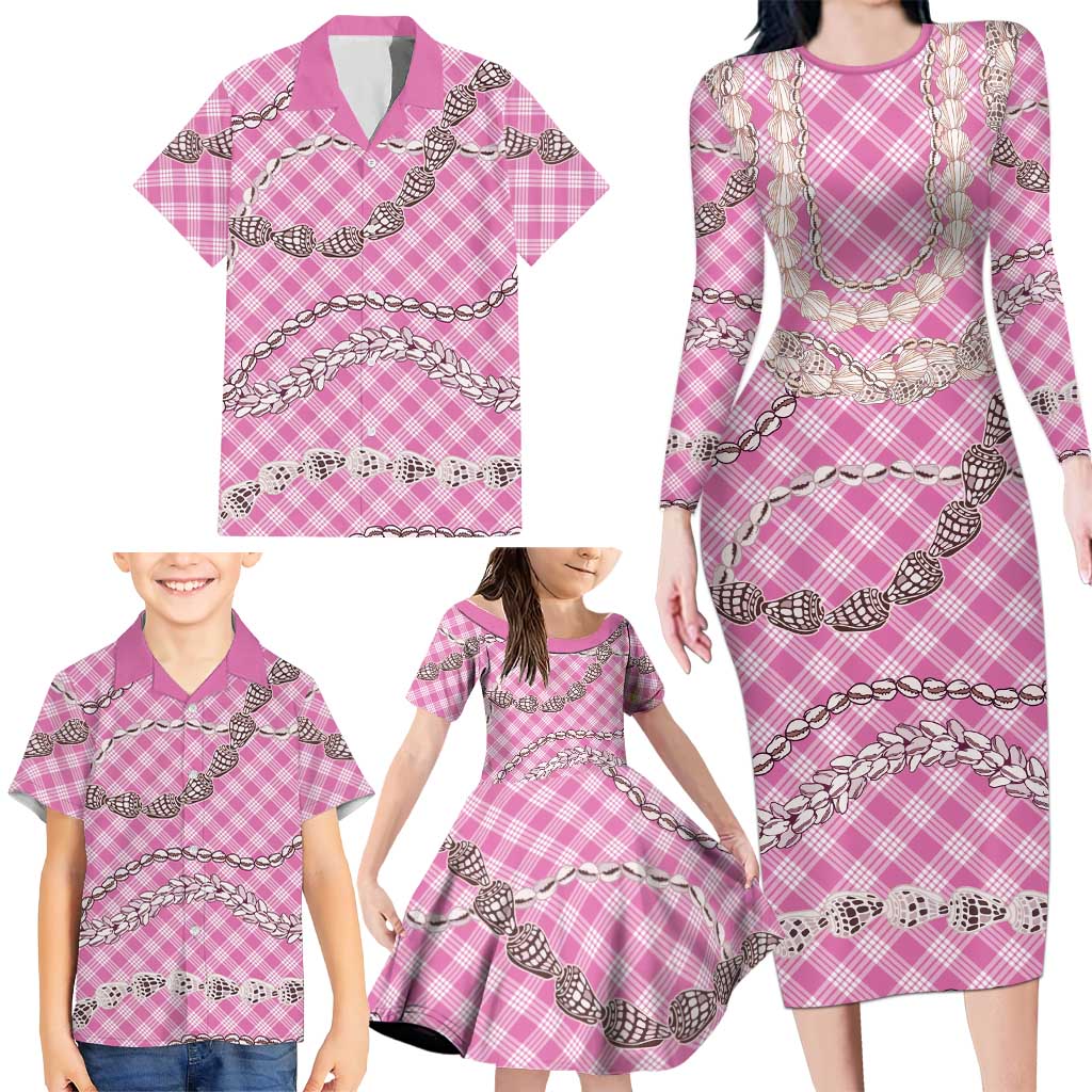 Pink Aloha Hawaii Shell Lei Family Matching Long Sleeve Bodycon Dress and Hawaiian Shirt Palaka Hebrew Cone Honey Cowrie Elegant Curves LT14 - Polynesian Pride