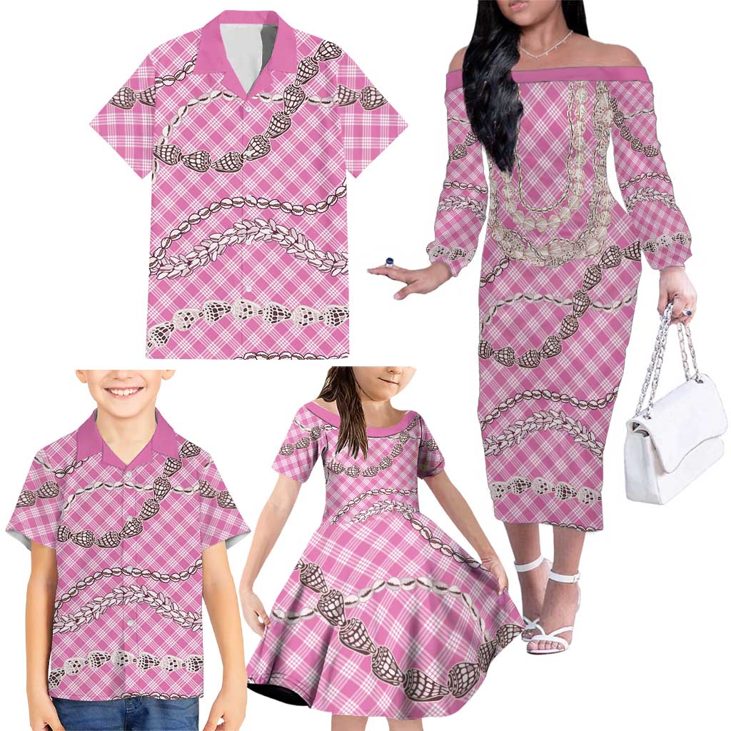 Pink Aloha Hawaii Shell Lei Family Matching Off The Shoulder Long Sleeve Dress and Hawaiian Shirt Palaka Hebrew Cone Honey Cowrie Elegant Curves - Polynesian Pride