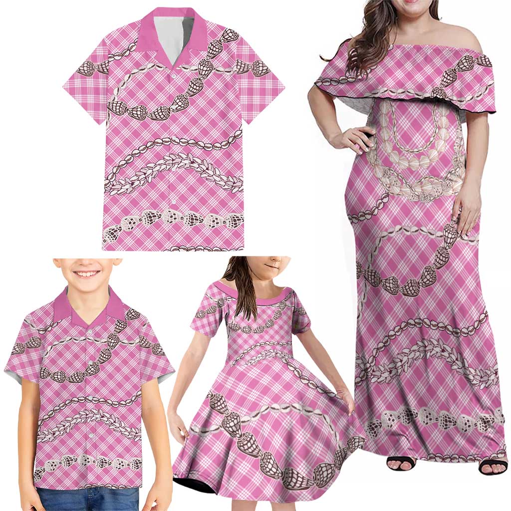 Pink Aloha Hawaii Shell Lei Family Matching Off Shoulder Maxi Dress and Hawaiian Shirt Palaka Hebrew Cone Honey Cowrie Elegant Curves - Polynesian Pride