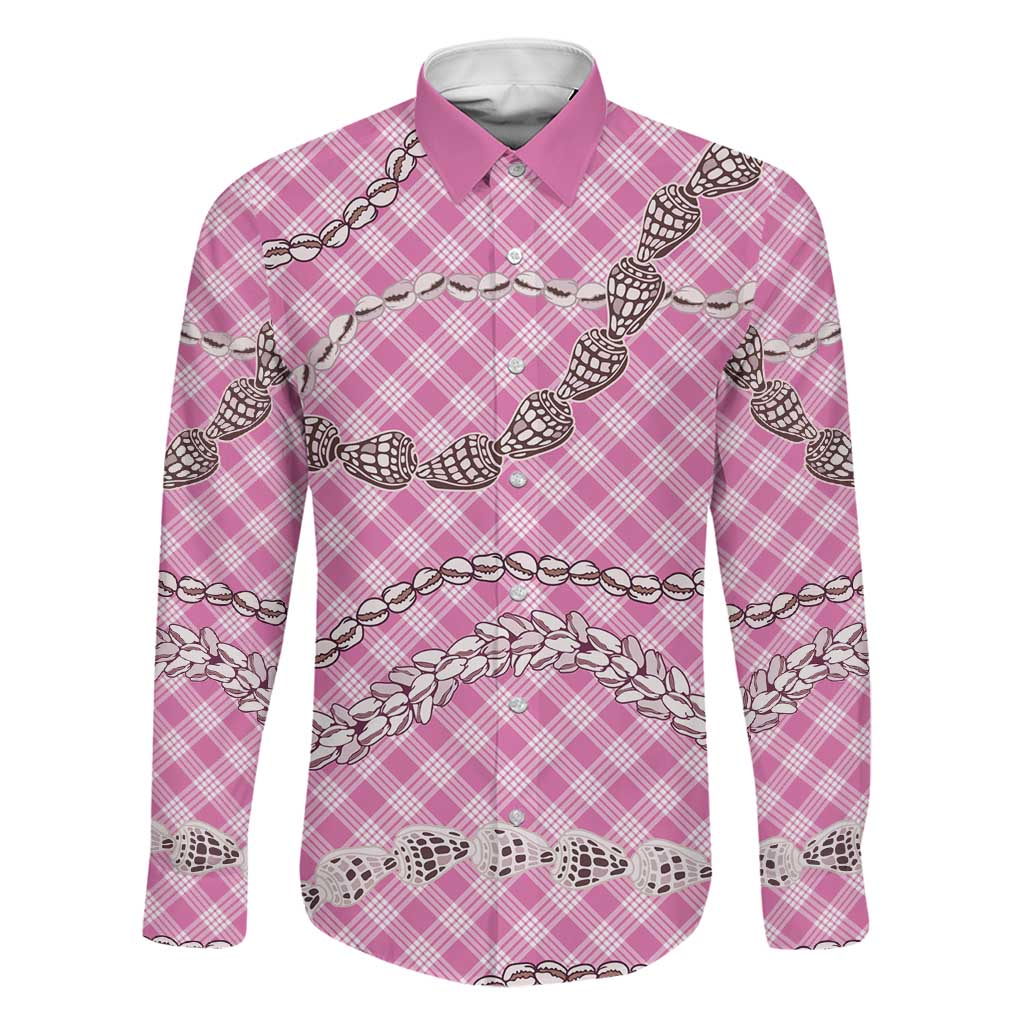 Pink Aloha Hawaii Shell Lei Family Matching Off Shoulder Maxi Dress and Hawaiian Shirt Palaka Hebrew Cone Honey Cowrie Elegant Curves LT14 Dad's Shirt - Long Sleeve Pink - Polynesian Pride