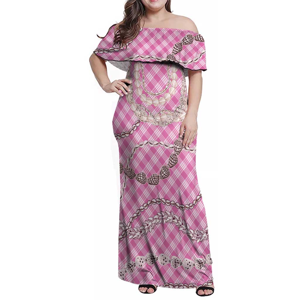 Pink Aloha Hawaii Shell Lei Family Matching Off Shoulder Maxi Dress and Hawaiian Shirt Palaka Hebrew Cone Honey Cowrie Elegant Curves LT14 Mom's Dress Pink - Polynesian Pride