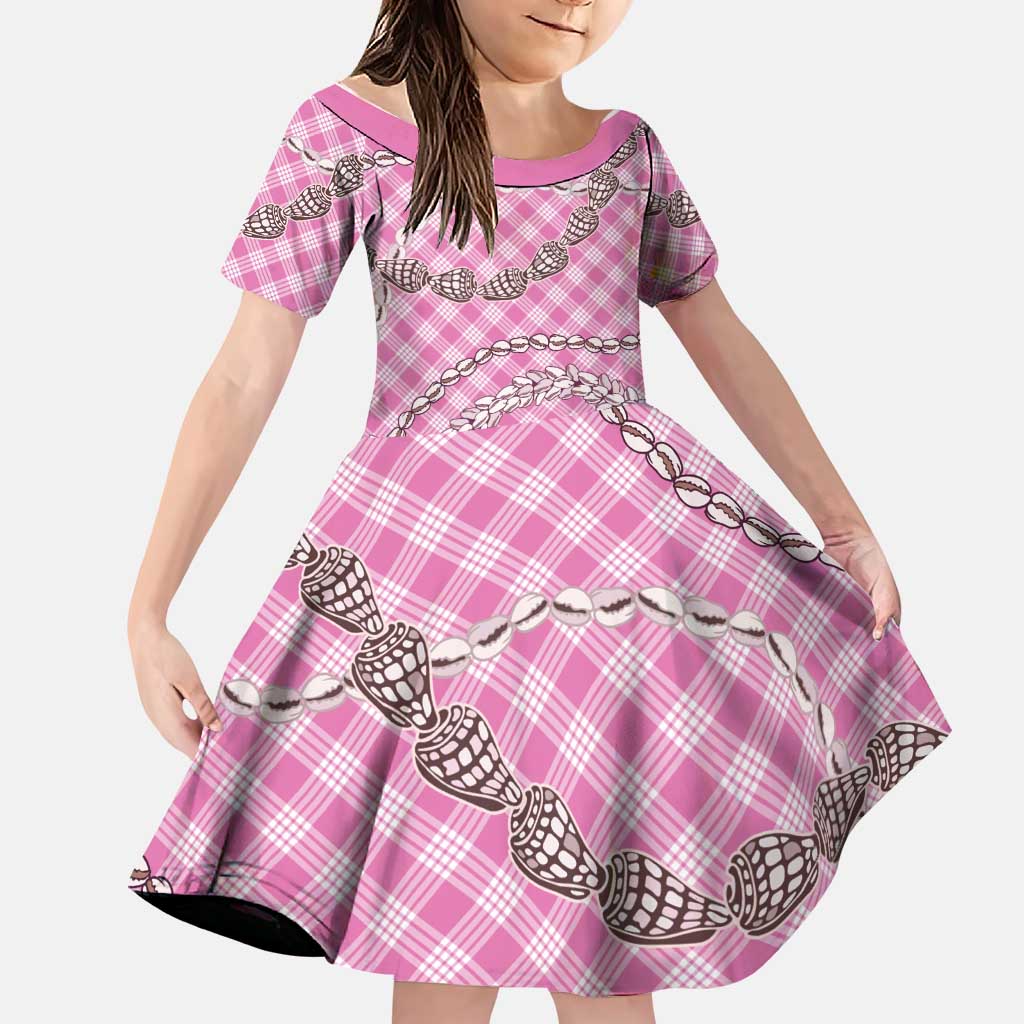 Pink Aloha Hawaii Shell Lei Family Matching Off Shoulder Short Dress and Hawaiian Shirt Palaka Hebrew Cone Honey Cowrie Elegant Curves LT14 Daughter's Dress Pink - Polynesian Pride