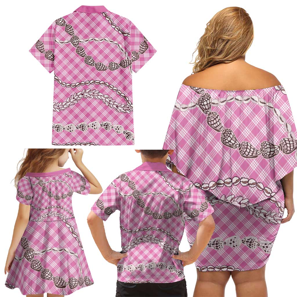 Pink Aloha Hawaii Shell Lei Family Matching Off Shoulder Short Dress and Hawaiian Shirt Palaka Hebrew Cone Honey Cowrie Elegant Curves LT14 - Polynesian Pride