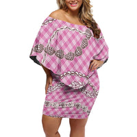 Pink Aloha Hawaii Shell Lei Family Matching Off Shoulder Short Dress and Hawaiian Shirt Palaka Hebrew Cone Honey Cowrie Elegant Curves LT14 Mom's Dress Pink - Polynesian Pride