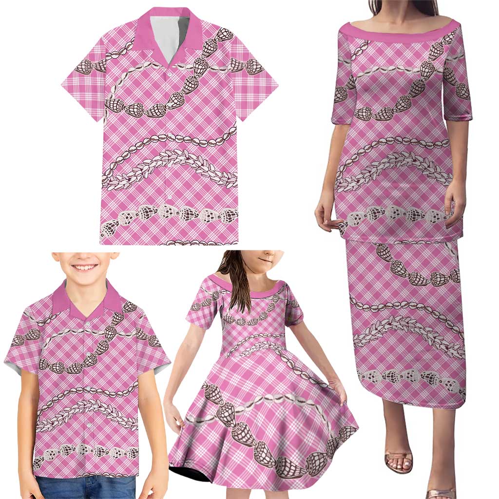 Pink Aloha Hawaii Shell Lei Family Matching Puletasi and Hawaiian Shirt Palaka Hebrew Cone Honey Cowrie Elegant Curves - Polynesian Pride
