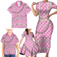 Pink Aloha Hawaii Shell Lei Family Matching Short Sleeve Bodycon Dress and Hawaiian Shirt Palaka Hebrew Cone Honey Cowrie Elegant Curves LT14 - Polynesian Pride