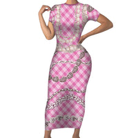 Pink Aloha Hawaii Shell Lei Family Matching Short Sleeve Bodycon Dress and Hawaiian Shirt Palaka Hebrew Cone Honey Cowrie Elegant Curves LT14 Mom's Dress Pink - Polynesian Pride