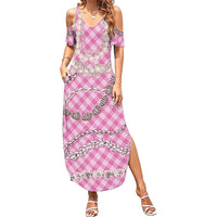 Pink Aloha Hawaii Shell Lei Family Matching Summer Maxi Dress and Hawaiian Shirt Palaka Hebrew Cone Honey Cowrie Elegant Curves LT14 Mom's Dress Pink - Polynesian Pride
