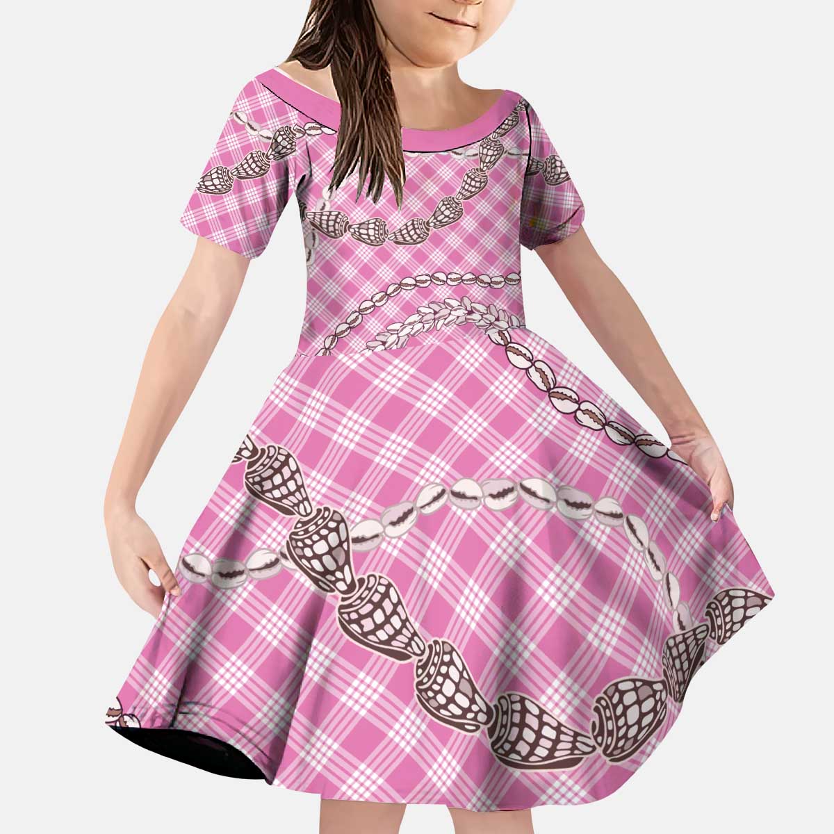 Pink Aloha Hawaii Shell Lei Kid Short Sleeve Dress Palaka Hebrew Cone Honey Cowrie Elegant Curves - Polynesian Pride