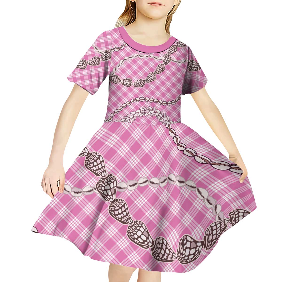 Pink Aloha Hawaii Shell Lei Kid Short Sleeve Dress Palaka Hebrew Cone Honey Cowrie Elegant Curves - Polynesian Pride