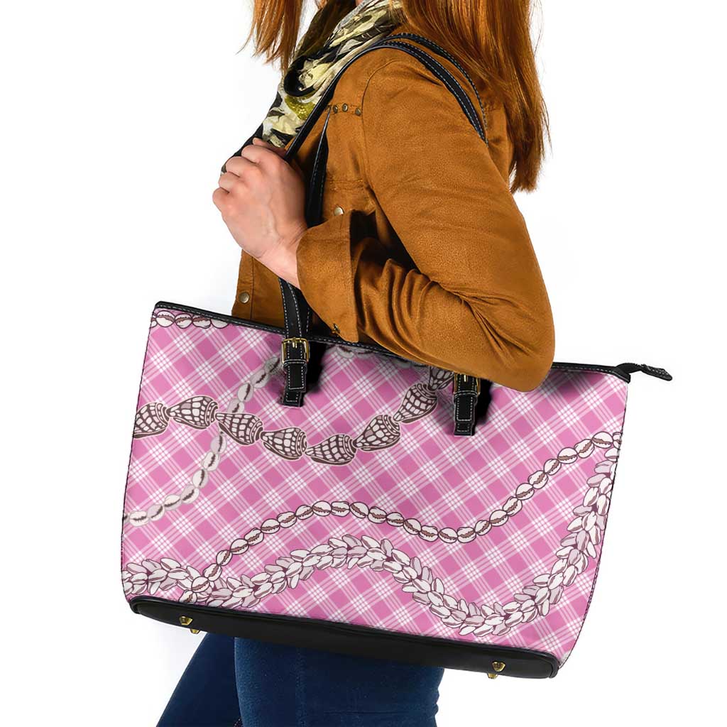 Pink Aloha Hawaii Shell Lei Leather Tote Bag Palaka Hebrew Cone Honey Cowrie Elegant Curves - Polynesian Pride