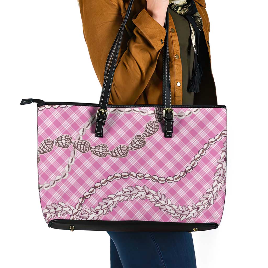 Pink Aloha Hawaii Shell Lei Leather Tote Bag Palaka Hebrew Cone Honey Cowrie Elegant Curves - Polynesian Pride