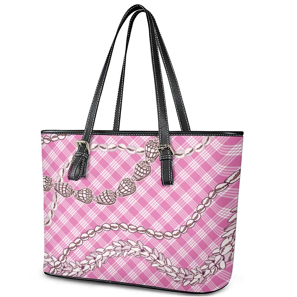 Pink Aloha Hawaii Shell Lei Leather Tote Bag Palaka Hebrew Cone Honey Cowrie Elegant Curves - Polynesian Pride