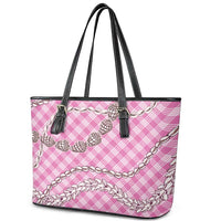 Pink Aloha Hawaii Shell Lei Leather Tote Bag Palaka Hebrew Cone Honey Cowrie Elegant Curves - Polynesian Pride