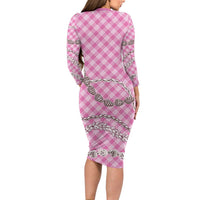Pink Aloha Hawaii Shell Lei Long Sleeve Bodycon Dress Palaka Hebrew Cone Honey Cowrie Elegant Curves - Polynesian Pride