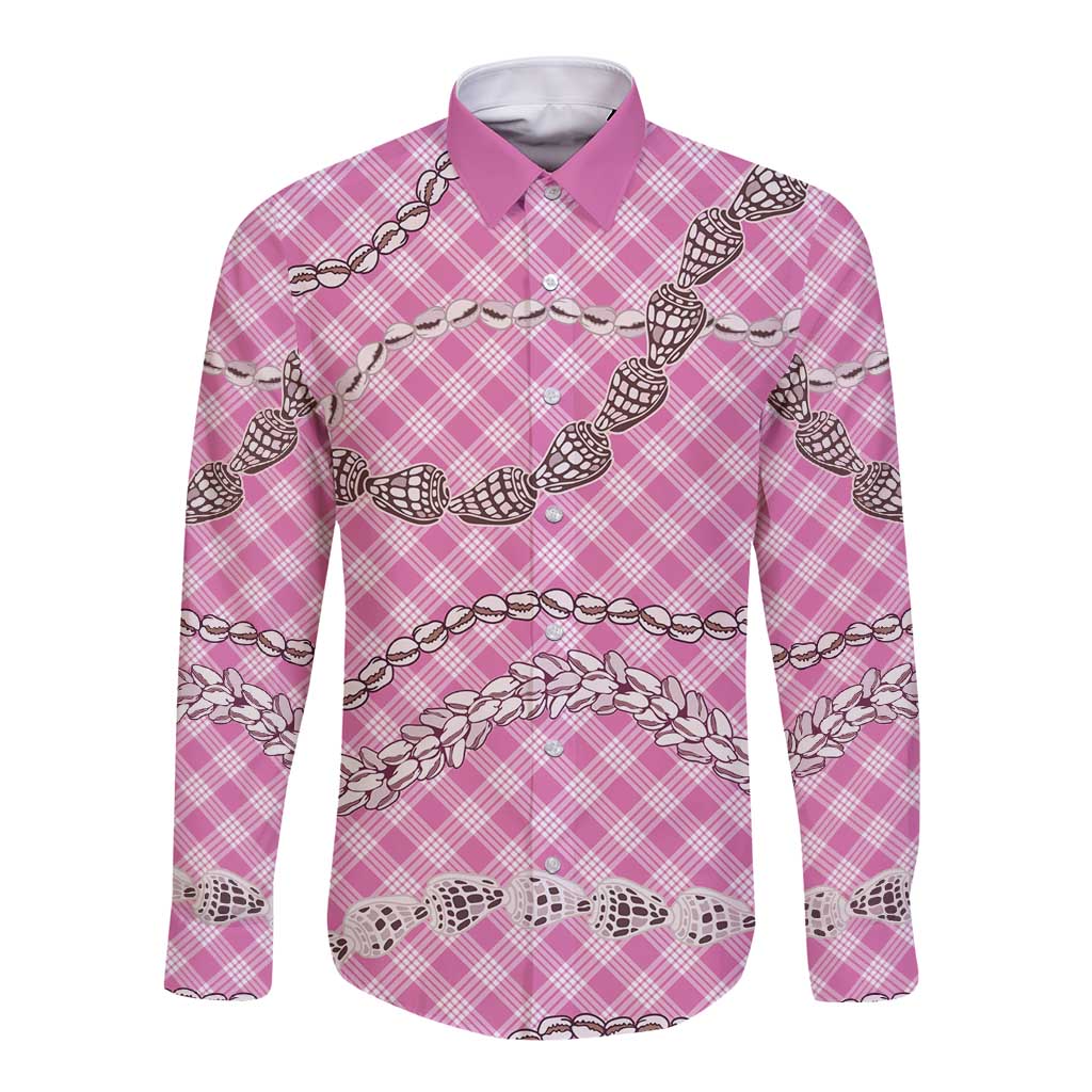 Pink Aloha Hawaii Shell Lei Long Sleeve Button Shirt Palaka Hebrew Cone Honey Cowrie Elegant Curves LT14 Unisex Pink - Polynesian Pride