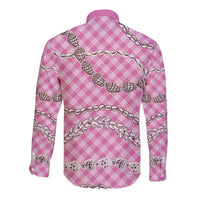 Pink Aloha Hawaii Shell Lei Long Sleeve Button Shirt Palaka Hebrew Cone Honey Cowrie Elegant Curves LT14 - Polynesian Pride