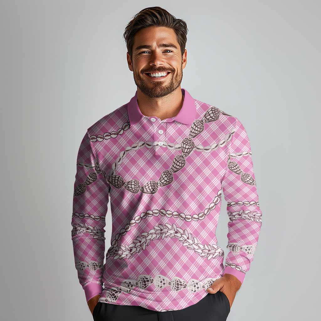 Pink Aloha Hawaii Shell Lei Long Sleeve Polo Shirt Palaka Hebrew Cone Honey Cowrie Elegant Curves - Polynesian Pride