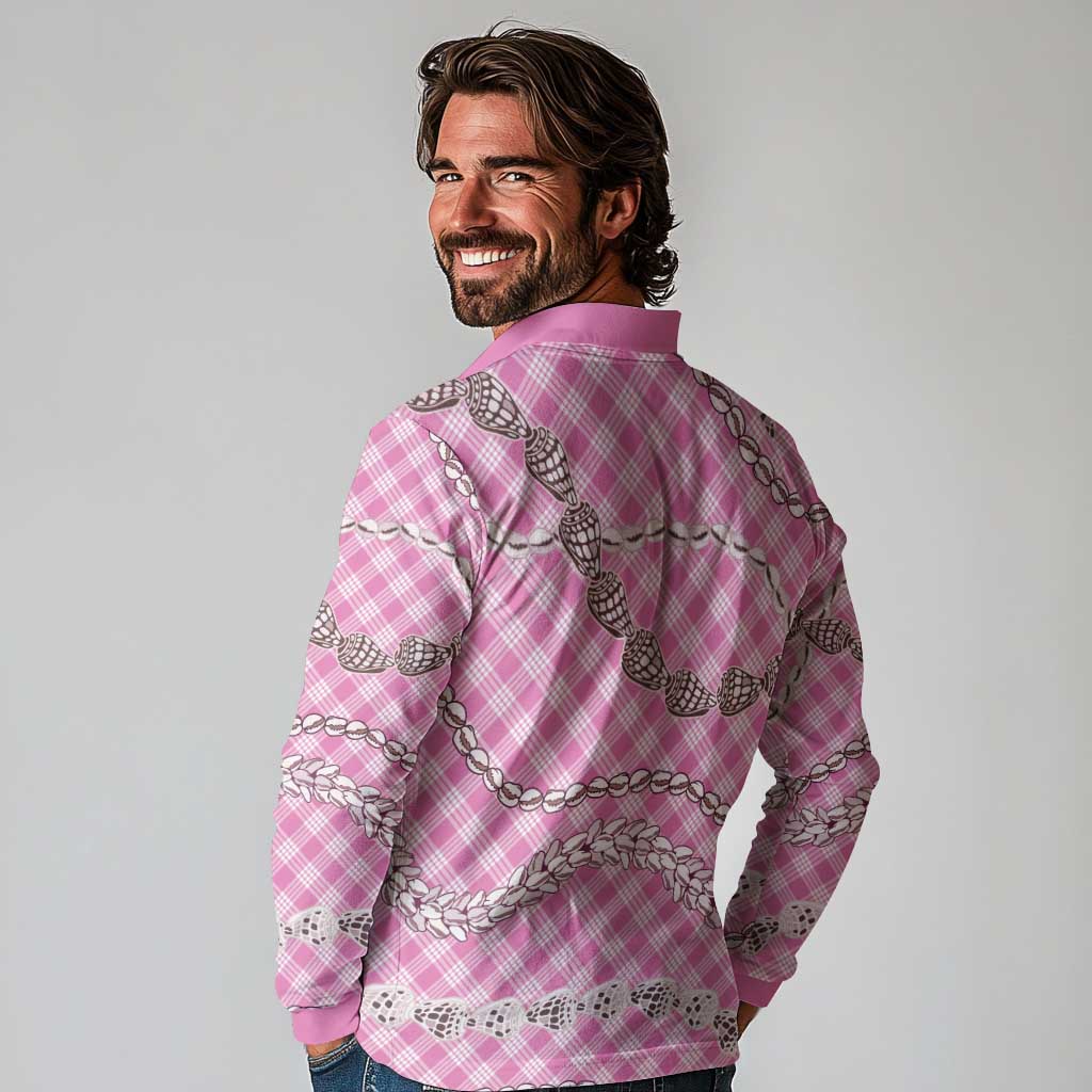 Pink Aloha Hawaii Shell Lei Long Sleeve Polo Shirt Palaka Hebrew Cone Honey Cowrie Elegant Curves - Polynesian Pride