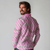 Pink Aloha Hawaii Shell Lei Long Sleeve Polo Shirt Palaka Hebrew Cone Honey Cowrie Elegant Curves - Polynesian Pride