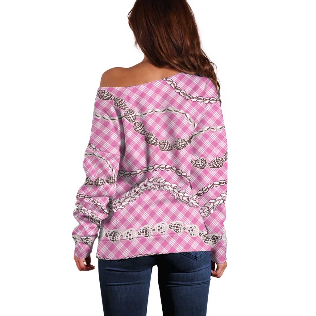 Pink Aloha Hawaii Shell Lei Off Shoulder Sweater Palaka Hebrew Cone Honey Cowrie Elegant Curves LT14 - Polynesian Pride