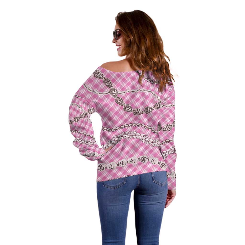 Pink Aloha Hawaii Shell Lei Off Shoulder Sweater Palaka Hebrew Cone Honey Cowrie Elegant Curves LT14 - Polynesian Pride