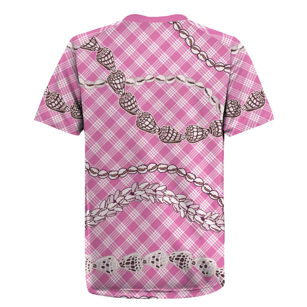 Pink Aloha Hawaii Shell Lei Rugby Jersey Palaka Hebrew Cone Honey Cowrie Elegant Curves - Polynesian Pride