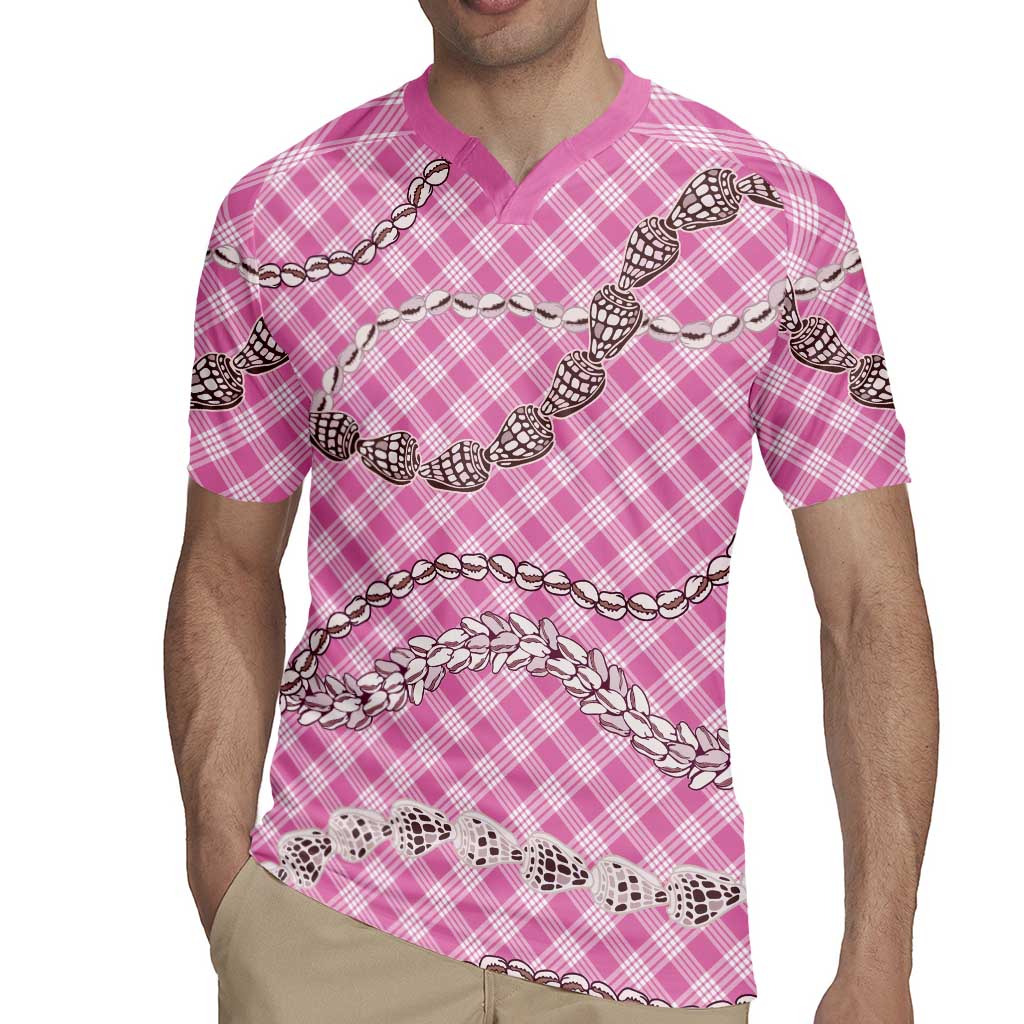 Pink Aloha Hawaii Shell Lei Rugby Jersey Palaka Hebrew Cone Honey Cowrie Elegant Curves - Polynesian Pride