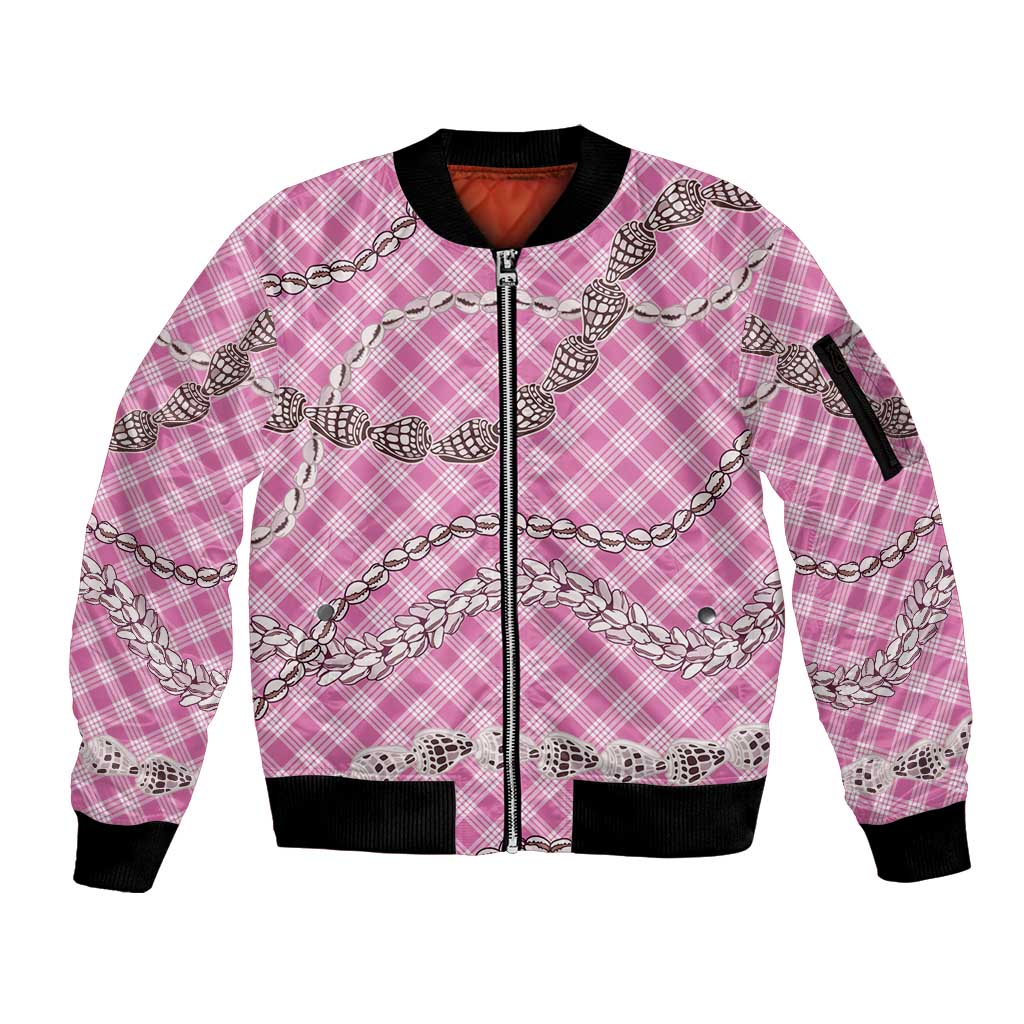 Pink Aloha Hawaii Shell Lei Sleeve Zip Bomber Jacket Palaka Hebrew Cone Honey Cowrie Elegant Curves - Polynesian Pride