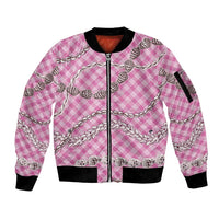 Pink Aloha Hawaii Shell Lei Sleeve Zip Bomber Jacket Palaka Hebrew Cone Honey Cowrie Elegant Curves - Polynesian Pride