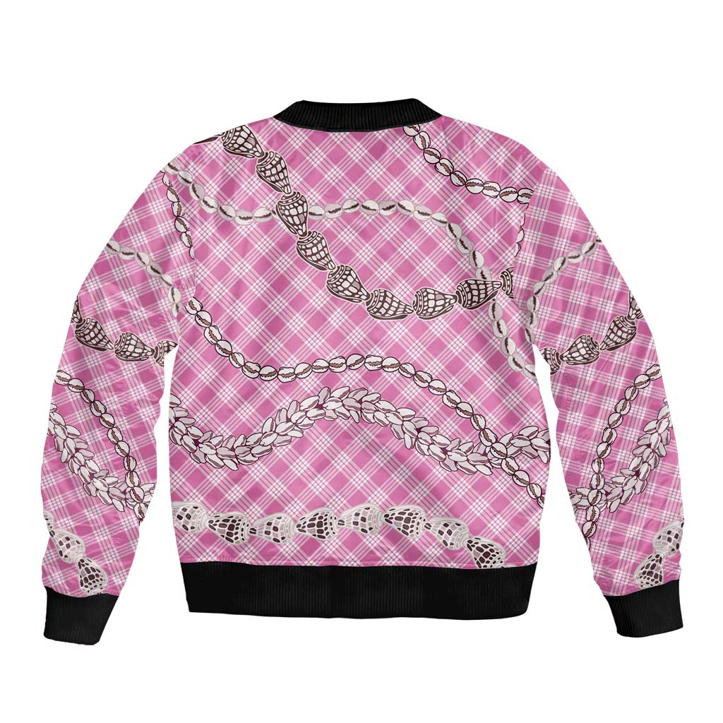 Pink Aloha Hawaii Shell Lei Sleeve Zip Bomber Jacket Palaka Hebrew Cone Honey Cowrie Elegant Curves - Polynesian Pride