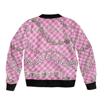 Pink Aloha Hawaii Shell Lei Sleeve Zip Bomber Jacket Palaka Hebrew Cone Honey Cowrie Elegant Curves - Polynesian Pride