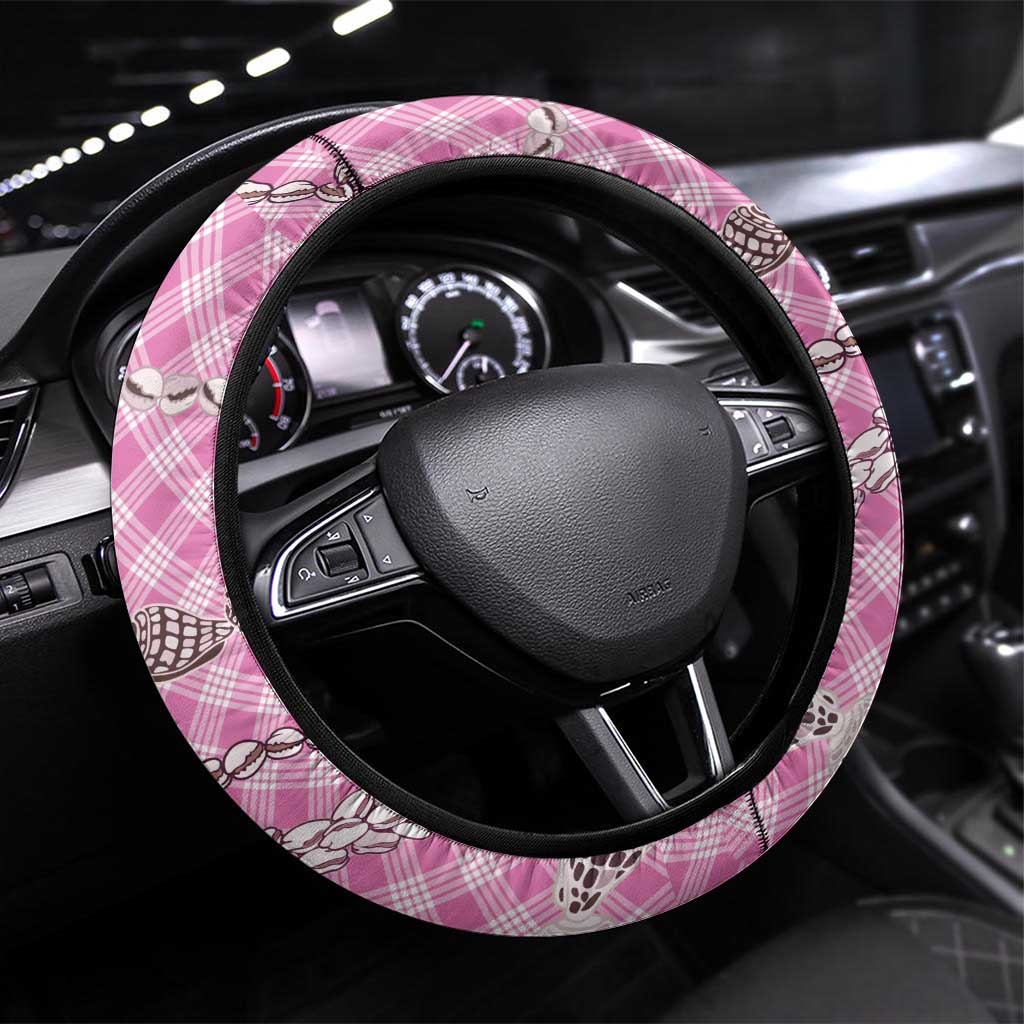Pink Aloha Hawaii Shell Lei Steering Wheel Cover Palaka Hebrew Cone Honey Cowrie Elegant Curves LT14 Universal Fit Pink - Polynesian Pride