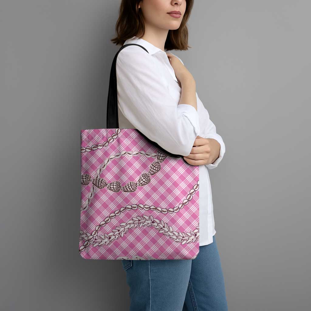 Pink Aloha Hawaii Shell Lei Tote Bag Palaka Hebrew Cone Honey Cowrie Elegant Curves - Polynesian Pride