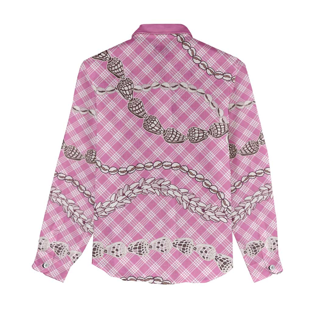 Pink Aloha Hawaii Shell Lei Women Casual Shirt Palaka Hebrew Cone Honey Cowrie Elegant Curves - Polynesian Pride