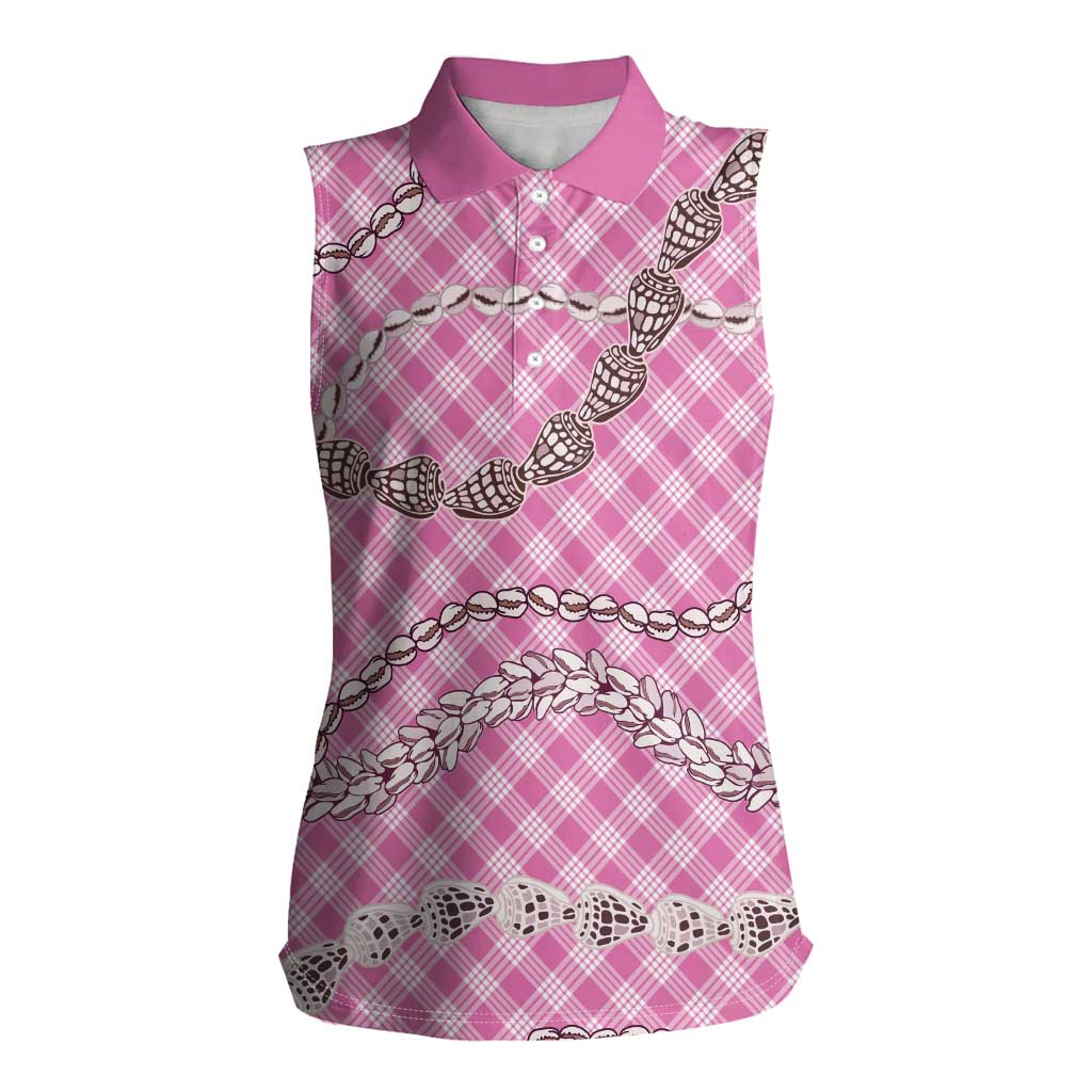 Pink Aloha Hawaii Shell Lei Women Sleeveless Polo Shirt Palaka Hebrew Cone Honey Cowrie Elegant Curves LT14 Female Pink - Polynesian Pride