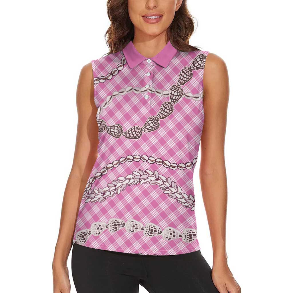Pink Aloha Hawaii Shell Lei Women Sleeveless Polo Shirt Palaka Hebrew Cone Honey Cowrie Elegant Curves LT14 - Polynesian Pride
