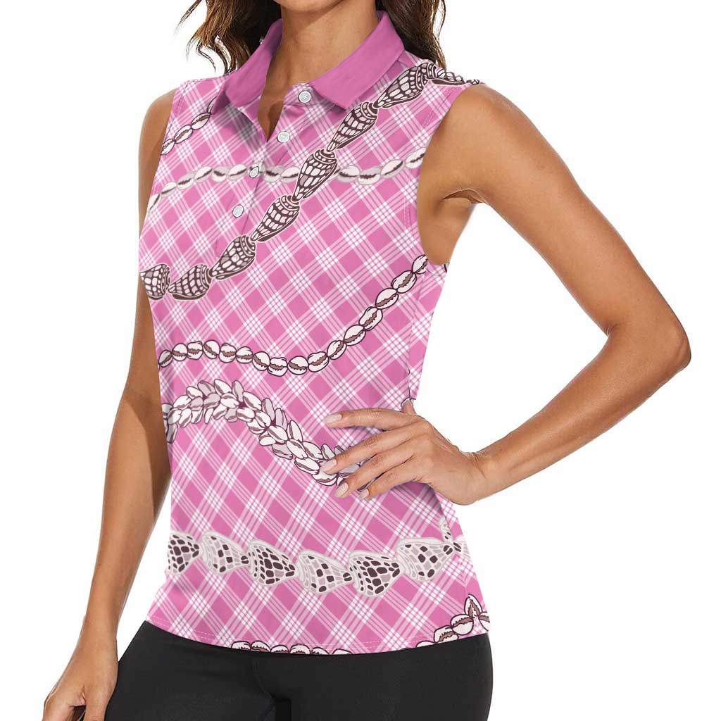 Pink Aloha Hawaii Shell Lei Women Sleeveless Polo Shirt Palaka Hebrew Cone Honey Cowrie Elegant Curves LT14 - Polynesian Pride