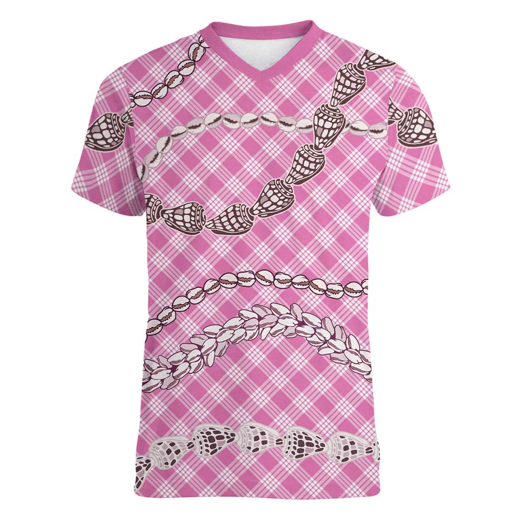 Pink Aloha Hawaii Shell Lei Women V-Neck T-Shirt Palaka Hebrew Cone Honey Cowrie Elegant Curves LT14 Female Pink - Polynesian Pride