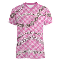 Pink Aloha Hawaii Shell Lei Women V-Neck T-Shirt Palaka Hebrew Cone Honey Cowrie Elegant Curves LT14 Female Pink - Polynesian Pride