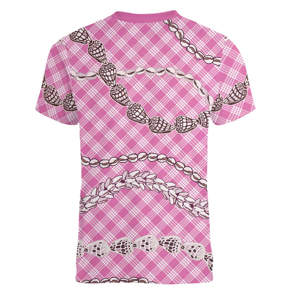 Pink Aloha Hawaii Shell Lei Women V-Neck T-Shirt Palaka Hebrew Cone Honey Cowrie Elegant Curves LT14 - Polynesian Pride