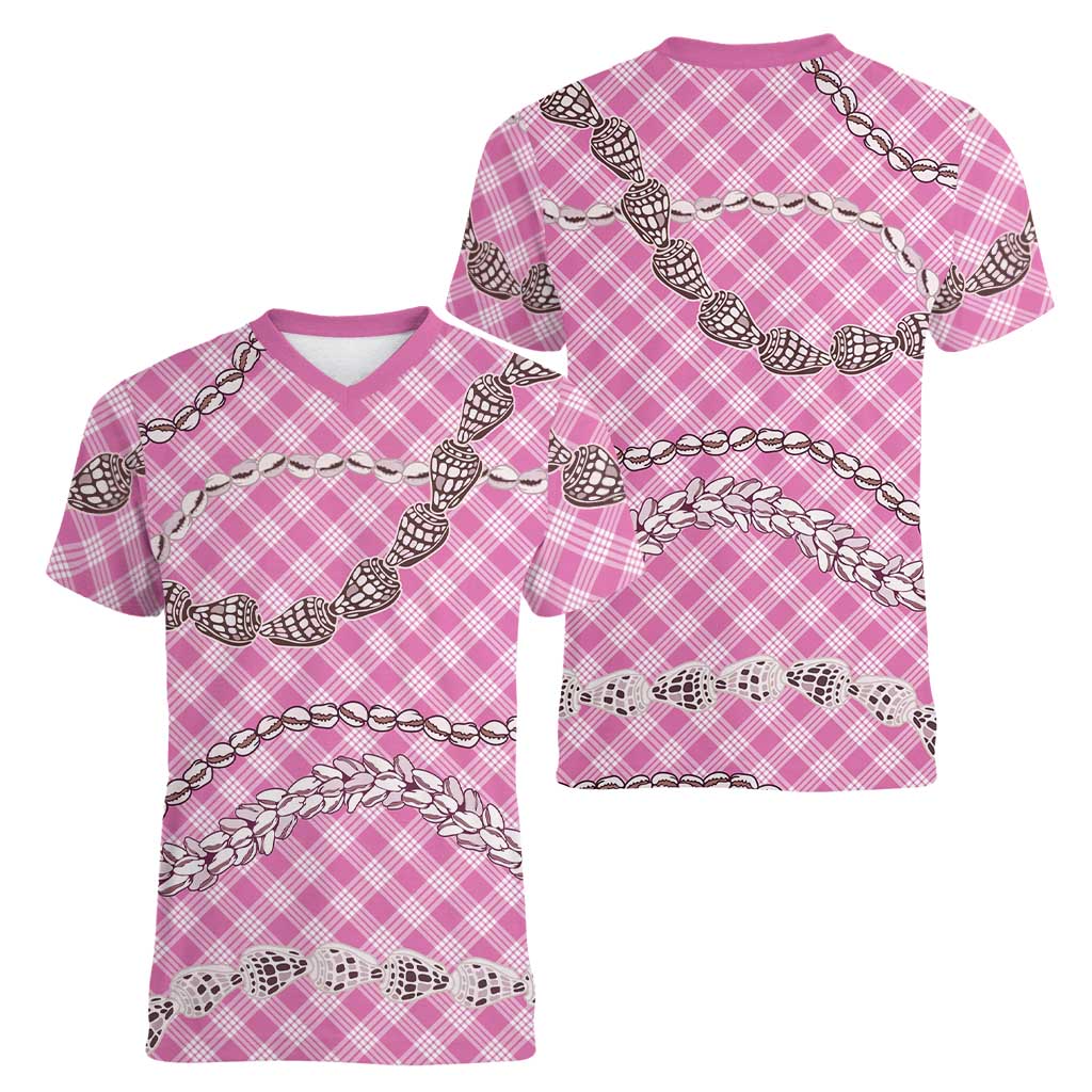 Pink Aloha Hawaii Shell Lei Women V-Neck T-Shirt Palaka Hebrew Cone Honey Cowrie Elegant Curves LT14 - Polynesian Pride