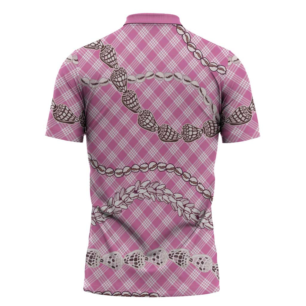 Pink Aloha Hawaii Shell Lei Zipper Polo Shirt Palaka Hebrew Cone Honey Cowrie Elegant Curves - Polynesian Pride