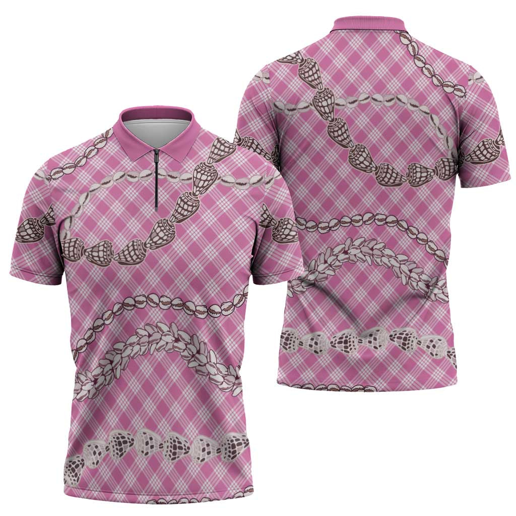 Pink Aloha Hawaii Shell Lei Zipper Polo Shirt Palaka Hebrew Cone Honey Cowrie Elegant Curves - Polynesian Pride