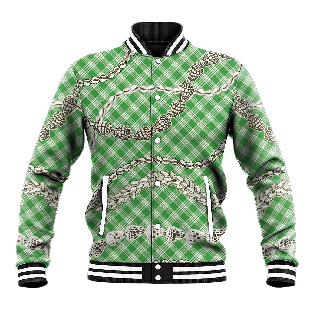 Green Aloha Hawaii Shell Lei Baseball Jacket Palaka Hebrew Cone Honey Cowrie Elegant Curves - Polynesian Pride