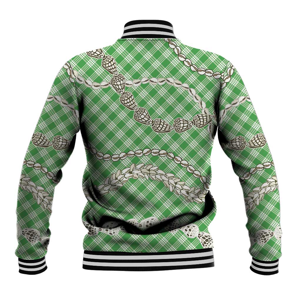 Green Aloha Hawaii Shell Lei Baseball Jacket Palaka Hebrew Cone Honey Cowrie Elegant Curves - Polynesian Pride