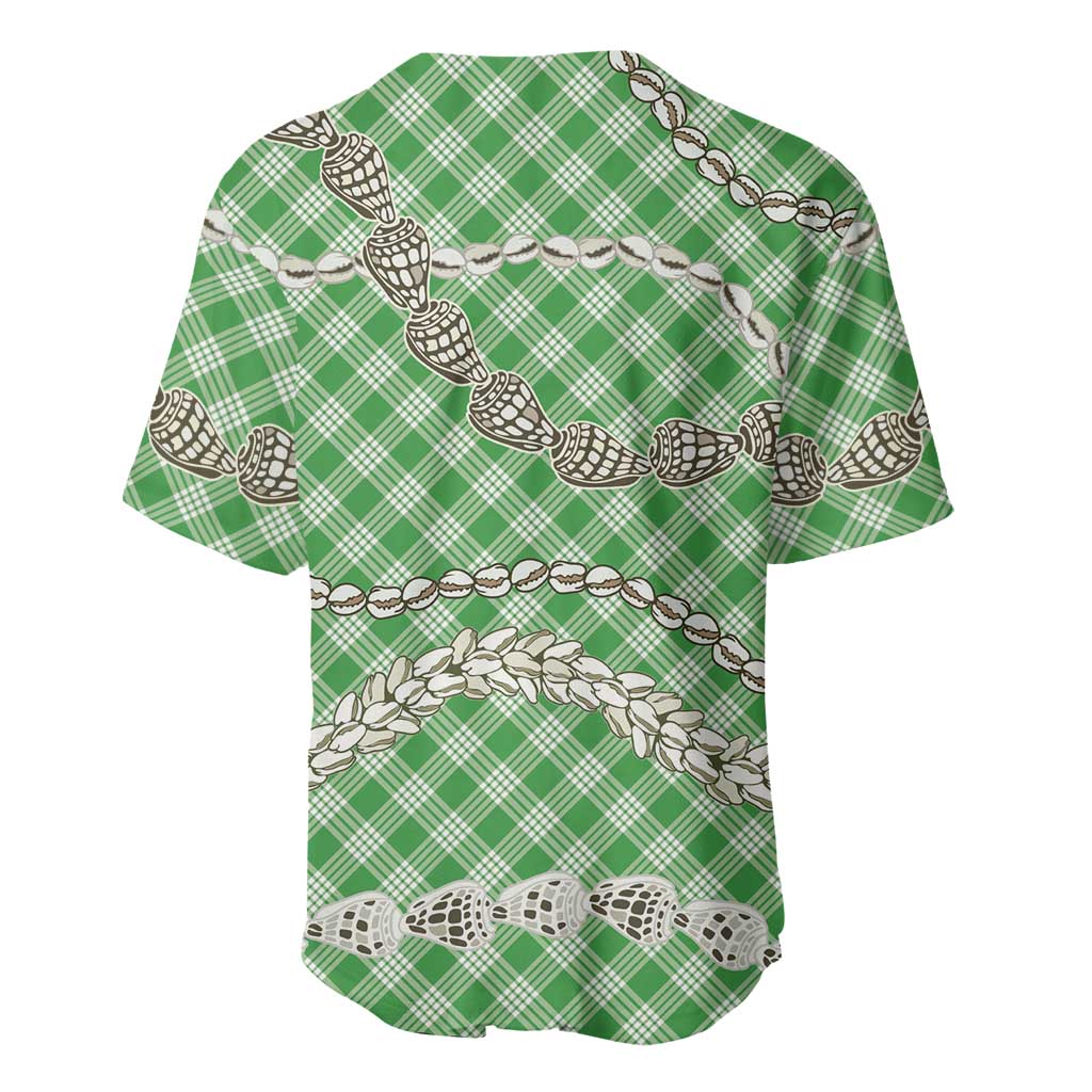 Green Aloha Hawaii Shell Lei Baseball Jersey Palaka Hebrew Cone Honey Cowrie Elegant Curves - Polynesian Pride