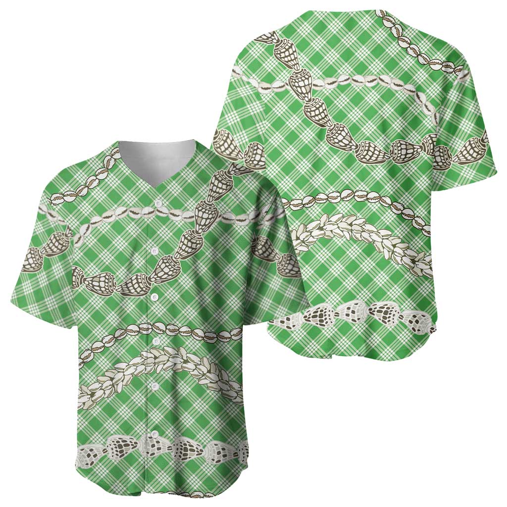 Green Aloha Hawaii Shell Lei Baseball Jersey Palaka Hebrew Cone Honey Cowrie Elegant Curves - Polynesian Pride